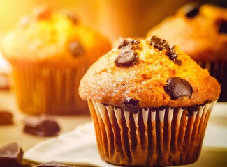 Chocolate Muffin with Chocolate Chips. Selective focus.