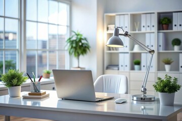 Modern doctor office with laptop, table lamp, stationery and decor on white table over blurred background. doctor's office, examination room