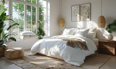 Modern bedroom design with a plush white bed, cozy decor, and natural light