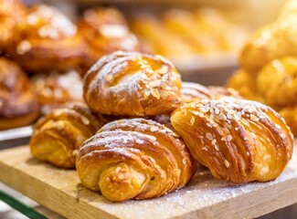 Close up freshly baked pastry goods on display in bakery shop. Selective focus