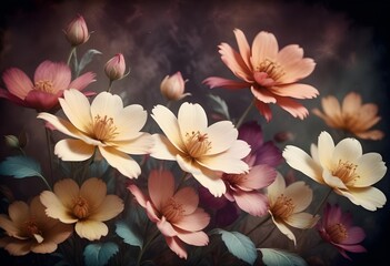  Close-up of Vibrant Flowers in Full Bloom on a Deep Black Background | Stunning Macro Photography of Colorful Blossoms | Stock Photo: Multicolored Flowers with Soft Petals on Dark Backdrop