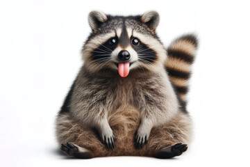 Full body Photo of a racoon with a humorous expression, sticking out its tongue Isolated on white background