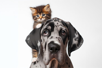 kitten climbing on grate dane dog head. young dog and young cat together. pet friendship