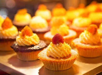 Small cakes on display at the patisserie counter.