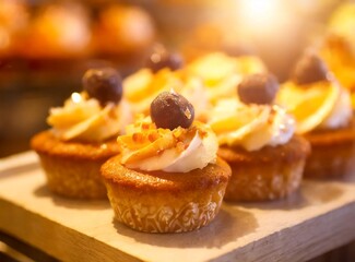 Small cakes on display at the patisserie counter.
