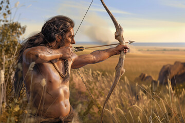 Un Homo sapiens chassant à l'arc à flèches dans une prairie