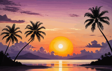 a painting of a sunset with palm trees