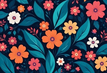 Black background with a seamless floral pattern. This design features a variety of colorful flowers and leaves scattered across a dark backdrop, creating a modern and elegant all-over print