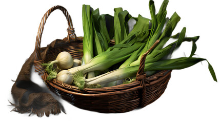 A basket of leeks with a transparent background.