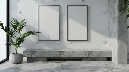 Interior design concept with two blank frames on a white textured wall over a minimalist concrete bench, gallery ambiance, 3D illustration