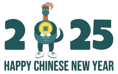 2025 Chinese New Year template for holiday banner design with cartoonish Zodiac Snake. 2025 festive typography isolated transparent background. Cute Flat vector aesthetic. Editable stroke.