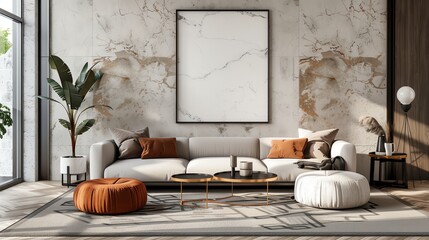 Luxurious contemporarystyle living room with a mockup poster frame, a stylish rug, and elegant furniture, 3D illustration