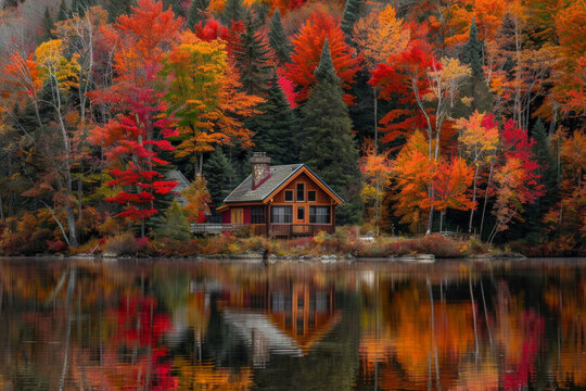 A tranquil lakeside cabin nestled amidst a forest of vibrant autumn foliage, with trees ablaze in hues of red, orange, and gold, reflecting in the calm waters of the lake.