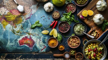 A map of the world covered with a variety of food items, showcasing global cuisine diversity.