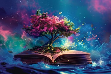 Obraz premium Creative futuristic design pop art color of a tree growing through a book
