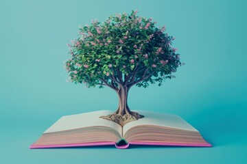 Creative futuristic design pop art color of a tree growing through a book