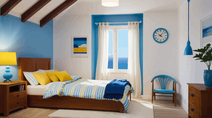 a blue and white bedroom with a large window