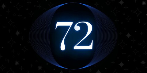 Number 72. Banner with the number seventy two on a black background and white stars with a circle blue in the middle