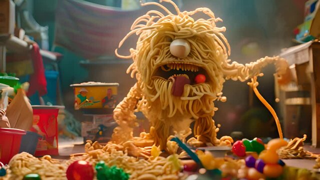 Playful Monster Made of Noodles in Toy Room with Ai generated.
