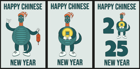 Set Chinese 2025 New Year greeting card Covers with Zodiac Luna symbol. New Year holiday Poster collection with cute green Snake character. Editable stroke. Vector EPS 10