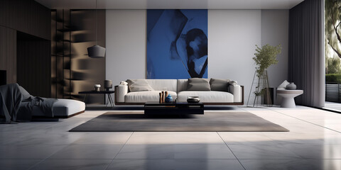 Grey tiled flooring complemented by a deep blue carpet in a minimalist living space. 