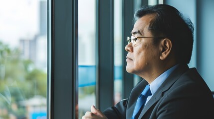 A business leader looking out the window contemplatively