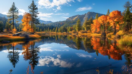 A serene lake surrounded by colorful autumn foliage, reflecting the sky and trees in its clear waters.
