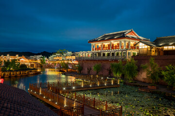 Fototapeta premium At night, the beautiful ancient town of Lizhuang on the lake, Yibin City, Sichuan Province, China