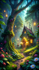 Obraz premium Fantasy House Night Glowing Lights View, Dense Forest, Flower and trees Mobile and Desktop Wallpaper