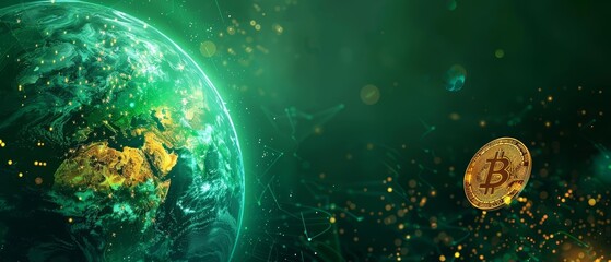 Naklejka premium In a vivid digital backdrop, a gold bitcoin soars over a green globe, merging economic growth with environmental responsibility, ready for promotional content in the banner area