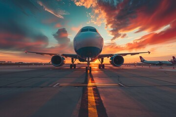 An airplane, bathed in the warm glow of a sunset, is parked on the tarmac, awaiting its next journey in the fading light.
