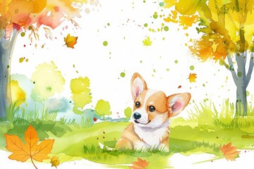 Kawaii watercolor depicting a cheerful puppy in a sunny park, clipart isolated on a white background