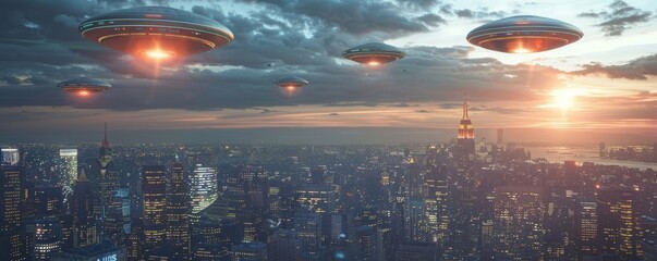Obraz premium A futuristic cityscape with multiple UFOs flying in the sky, observed by excited crowds on World UFO Day