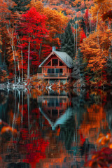 Fototapeta premium A tranquil lakeside cabin nestled amidst a forest of vibrant autumn foliage, with trees ablaze in hues of red, orange, and gold, reflecting in the calm waters of the lake.