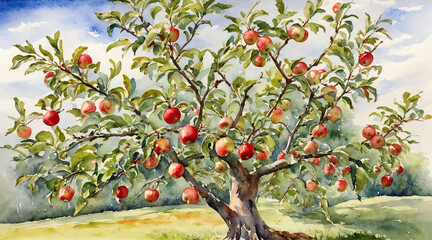 Apple orchard with red ripe fruits on tree, watercolor painting style, generative AI.