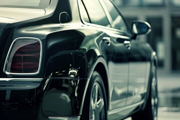 Fototapeta premium Sunlight gleams on the polished curves of a parked luxury sedan, ready for a sophisticated journey.