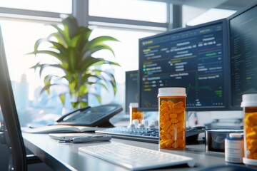A serene office space with a prescription opioid bottle, computer monitors, and a city view.