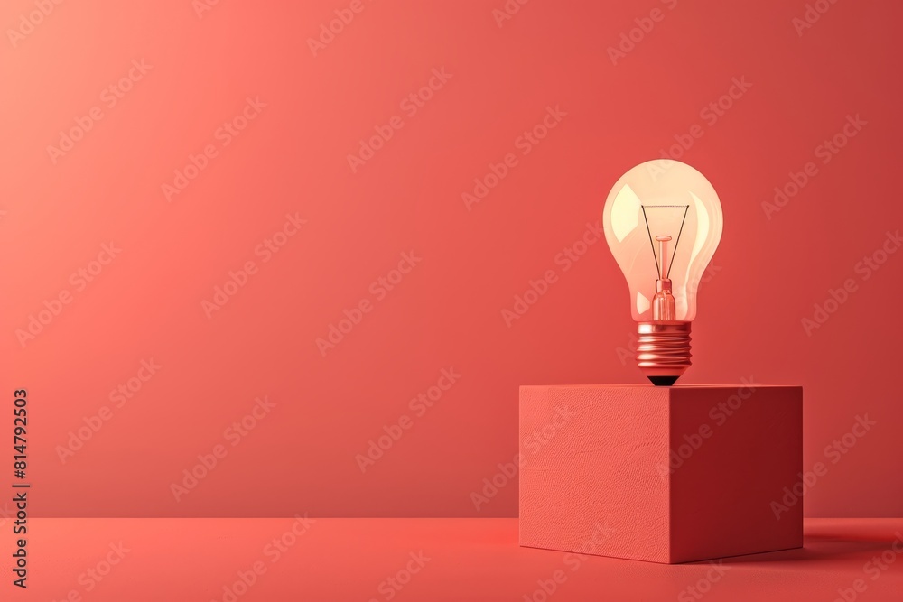 Wall mural glowing light bulb placed on wooden block with space for text on a vibrant solid color background