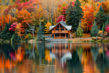 Fototapeta premium A tranquil lakeside cabin nestled amidst a forest of vibrant autumn foliage, with trees ablaze in hues of red, orange, and gold, reflecting in the calm waters of the lake.
