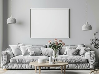 interior design,Minimalist Living Room Interior with White Frame Mockup, Grey Sofa, and Elegant Decor 3d rendering	