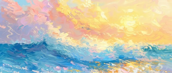 Sunset waves painting in pastel tones of blue, yellow, and pink, offering a peaceful yet colorful background for summer travel promotions