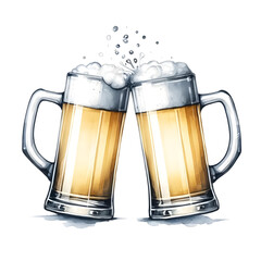An illustration for Beer day, Cheers clipart with two beer mugs clinking together, rendered in watercolor style. 