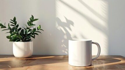 a white mug, on a wooden cafe table, against a white background, with a potted plant