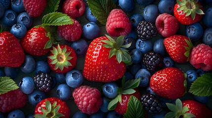 Fototapeta premium A vibrant mix of berries, including strawberries, raspberries and blueberries, with leaves in the background. 