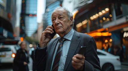 Senior businessman engaging in a phone conversation on busy city street
