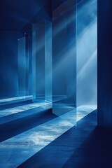 Cinematic blues: A dramatic composition showcasing minimalist architecture. Walls, floor, and ceiling, all crafted from blue glass, are illuminated by cinematic lighting