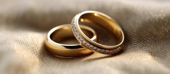 a pair of gold wedding rings on a cloth