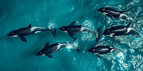 Aerial view of a pod of orcas (Orcinus orca) in motion in turquoise ocean waters. Drone like view of wild orcas in the wild.