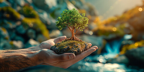 Concept of caring for Earth a nature. Hands holding a lush green habitat with a tree in the nature.