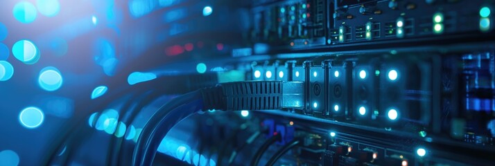 Server room cables and glowing LED lights in dark as network and database storage facility